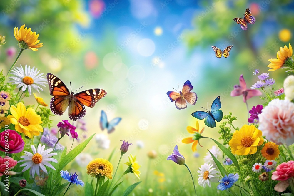 Composition of spring flowers and butterflies from low angle view Composition of spring flowers and butterflies from low angle view