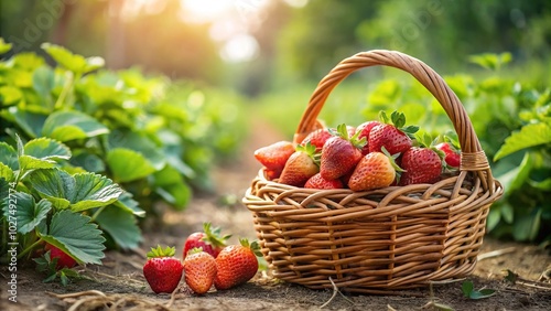 Composition with strawberries in a basket and on bushes, Forced Perspective