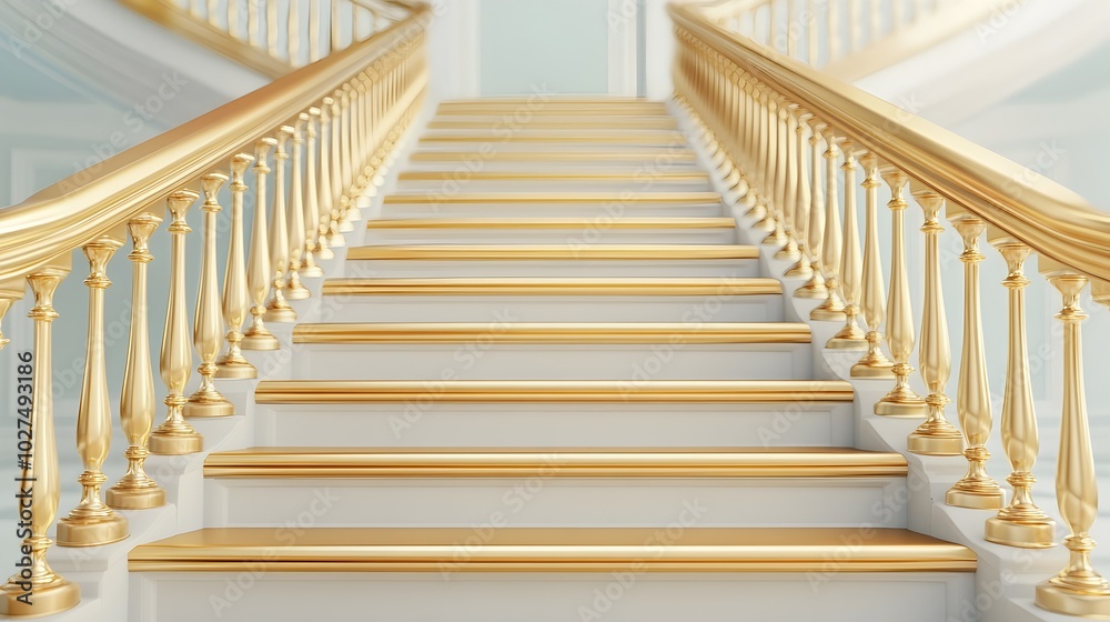 Fototapeta premium Gleaming Golden Staircase Leading Upwards Symbolizing Ambition and Achievement