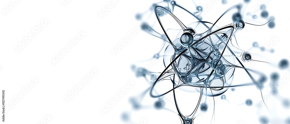 An atom with glowing electrons, futuristic wireframe style, isolated on white background An atom with glowing electrons, futuristic wireframe style, isolated on white background