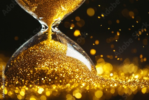 A clear glass hourglass with golden sand, against a dark background.  photo