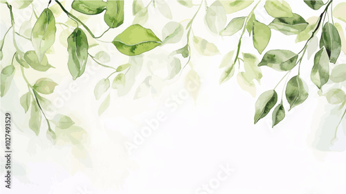 A soft watercolor background featuring delicate green leaves hanging from above. Perfect for nature-inspired designs, invitations, or botanical themes