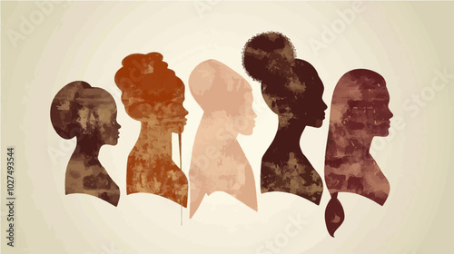 Silhouettes of five women in profile, depicted in earthy tones, celebrating diversity and unity. Ideal for concepts of empowerment, sisterhood, and cultural diversity