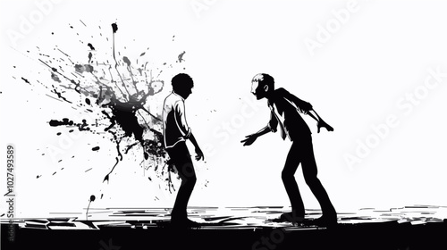 A black and white ink illustration depicting two people in conflict, with splashes of paint in the background. Ideal for concepts of confrontation, disagreement, or artistic tension