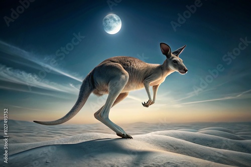 Capture a kangaroo bounding gracefully across a moonlit landscape, casting long shadows on the ground.
 photo