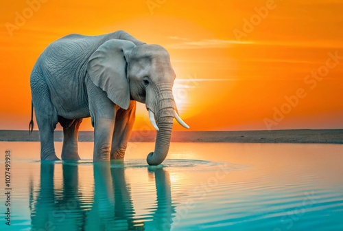 Feature elephant drinking water at a riverbank during sunrise, with reflections shimmering in the water.
 photo