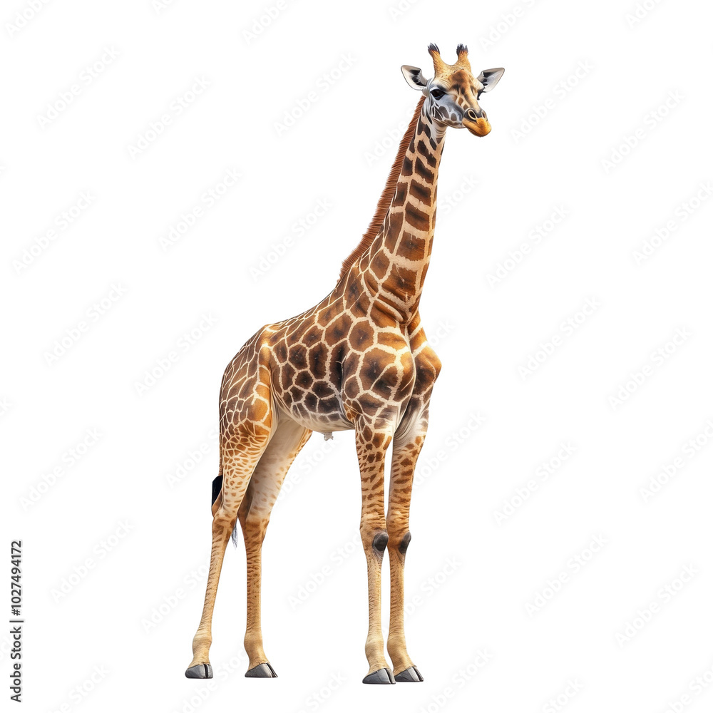 Fototapeta premium Giraffe standing tall, showcasing its unique patterns against a white isolated background.
