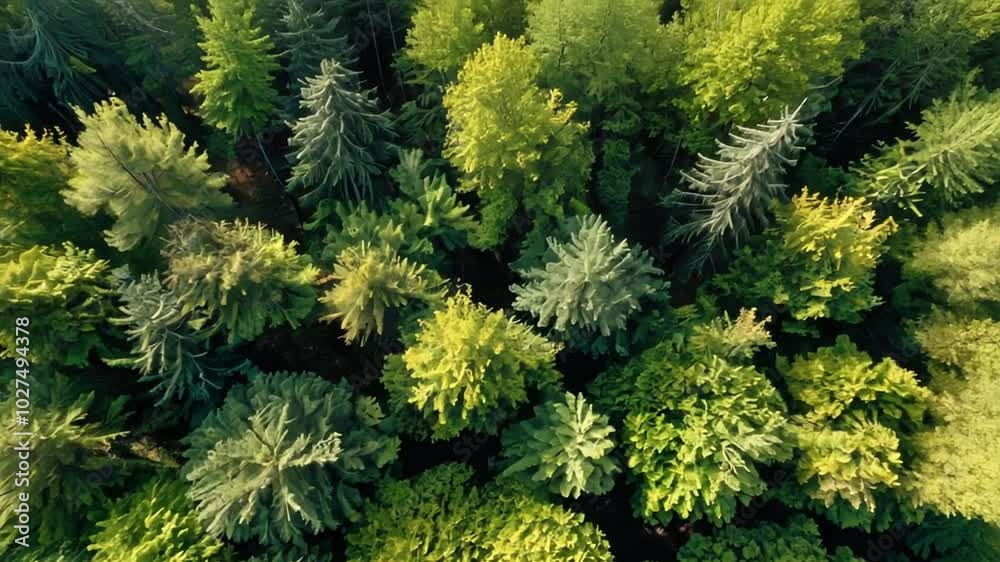 A detailed aerial view of a dense, diverse forest with lush green foliage, showcasing seasonal changes.