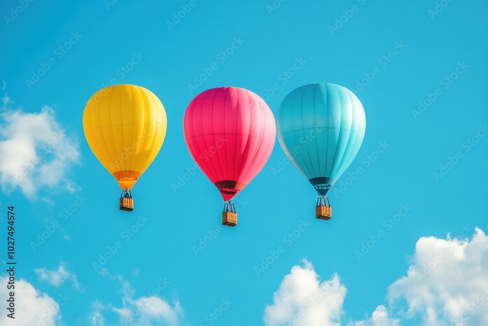 Fototapeta premium A trio of vibrant hot air balloons floats peacefully against a clear blue sky, enhancing the beauty of the sunny day. Generative AI