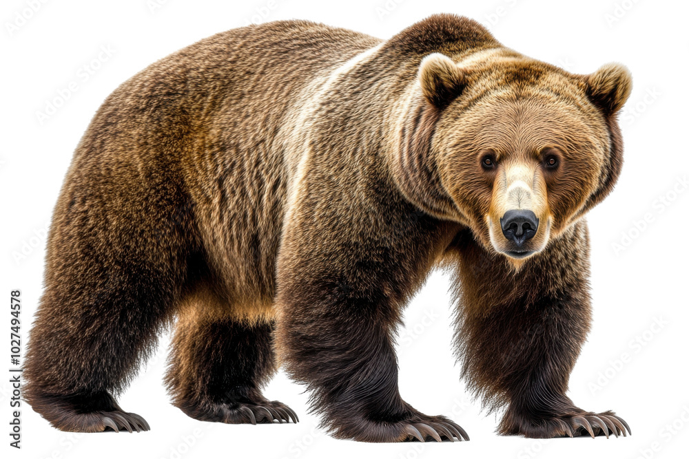 Grizzly bear standing on white isolated background, showcasing its powerful build and majestic presence. Grizzly bear standing on white isolated background, showcasing its powerful build and majestic presence.