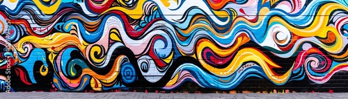 Vibrant street art mural on a brick wall in an urban cityscape, dynamic graffiti style