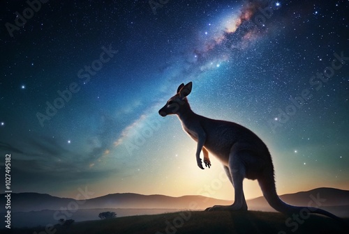 Capture kangaroo silhouetted against a starry night sky, creating a peaceful and serene scene.
 photo