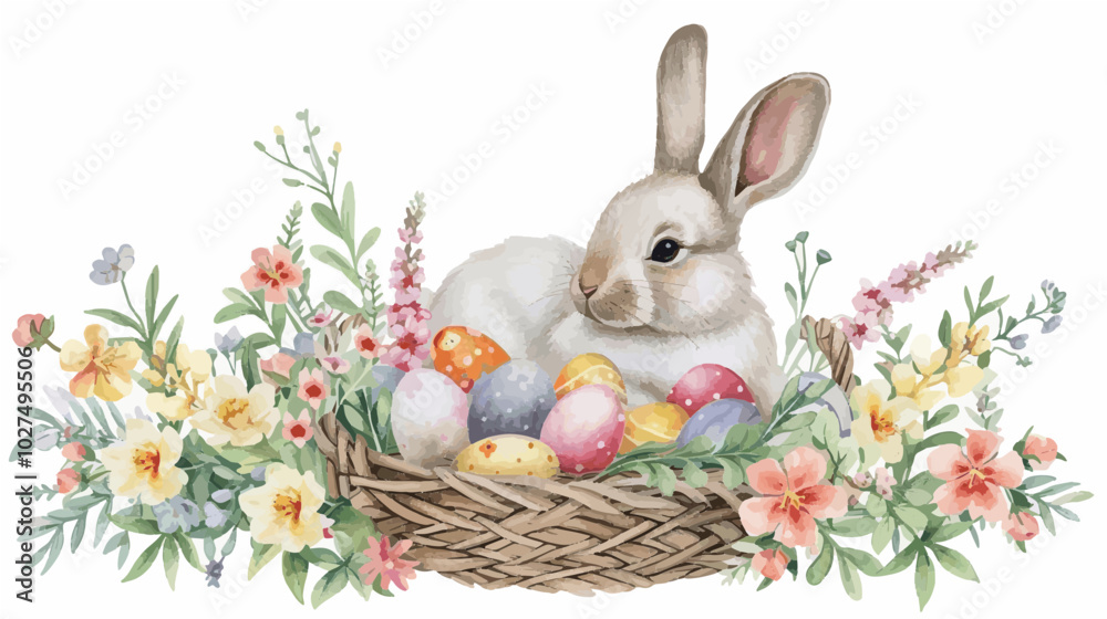 A watercolor painting of an Easter bunny sitting in a basket surrounded by colorful eggs and spring flowers. Ideal for Easter, springtime, and holiday greetings A watercolor painting of an Easter bunny sitting in a basket surrounded by colorful eggs and spring flowers. Ideal for Easter, springtime, and holiday greetings