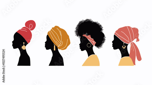 Silhouettes of five women in profile, depicted in earthy tones, celebrating diversity and unity. Ideal for concepts of empowerment, sisterhood, and cultural diversity