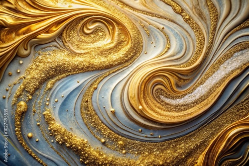 Contemporary abstract art with swirls and ripples textured with gold glitter, aerial view