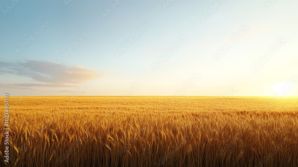 Golden Wheat Field Under Clear Blue Sky at Sunset Golden Wheat Field Under Clear Blue Sky at Sunset