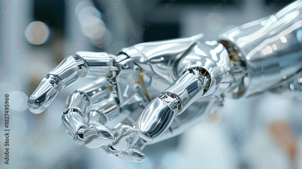High-tech robotic hand reaching out in a futuristic laboratory, metallic textures High-tech robotic hand reaching out in a futuristic laboratory, metallic textures
