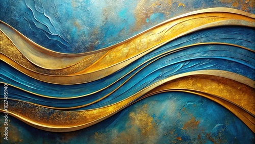 Contemporary fine art oil painting with detailed brushstrokes, abstract curves in blue and gold photo