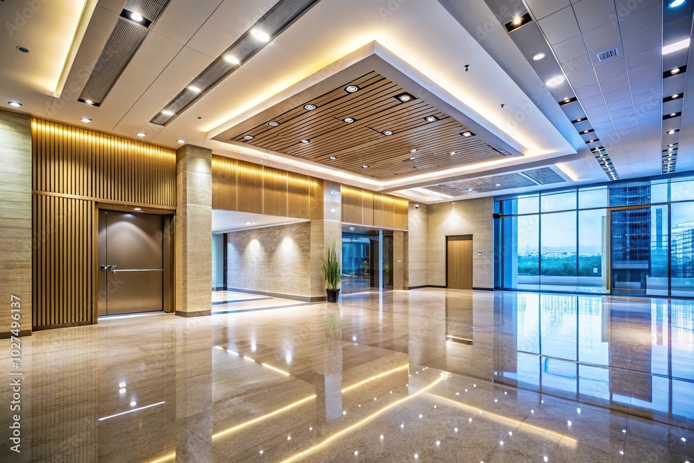 Obraz premium Contemporary lobby featuring illuminated walls and ceilings, unoccupied area, low angle view