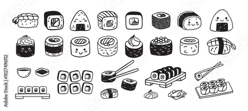 Sushi funny doodle set. Japanese hand drawn Food Sketch Icons. Kawaii drawing