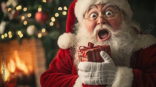 Capture the comical moment of Santa attempting to cram a massive gift into a tiny stocking, his expression conveying ironic shock