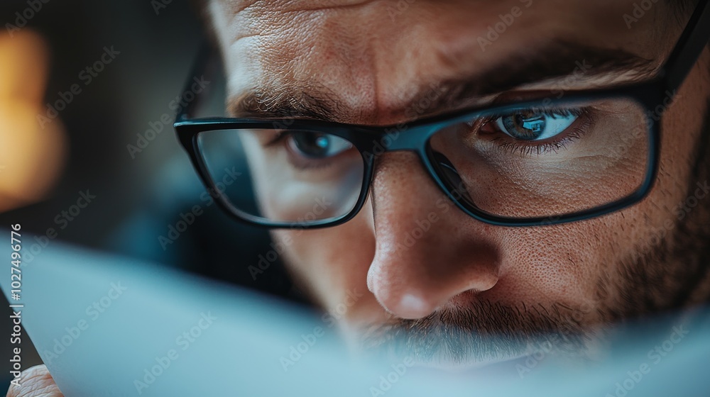 Close-up of a businessperson intense gaze, with sweat on their forehead from hard work, the determination clear in their focused expression as they work on an important project Close-up of a businessperson intense gaze, with sweat on their forehead from hard work, the determination clear in their focused expression as they work on an important project