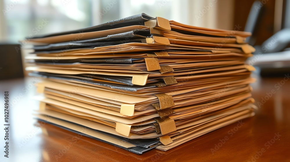 A stack of folders is neatly arranged on one side of the table, suggesting organization. A stack of folders is neatly arranged on one side of the table, suggesting organization.