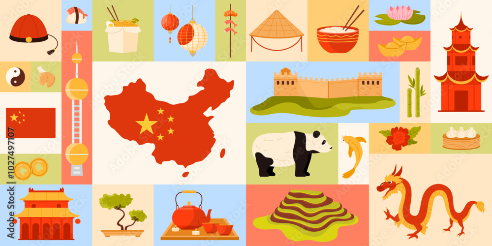An artistic illustration that beautifully showcases the vibrant and dynamic elements of Chinese culture and heritage vector illustration. Represents the China national identity. An artistic illustration that beautifully showcases the vibrant and dynamic elements of Chinese culture and heritage vector illustration. Represents the China national identity.