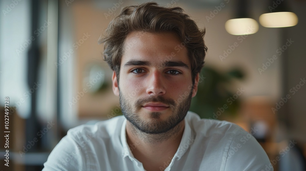 Close-up of a young entrepreneur with a confident expression, intense focus in their eyes, sitting in a modern office with soft lighting, showing ambition and drive in every detail of their face Close-up of a young entrepreneur with a confident expression, intense focus in their eyes, sitting in a modern office with soft lighting, showing ambition and drive in every detail of their face