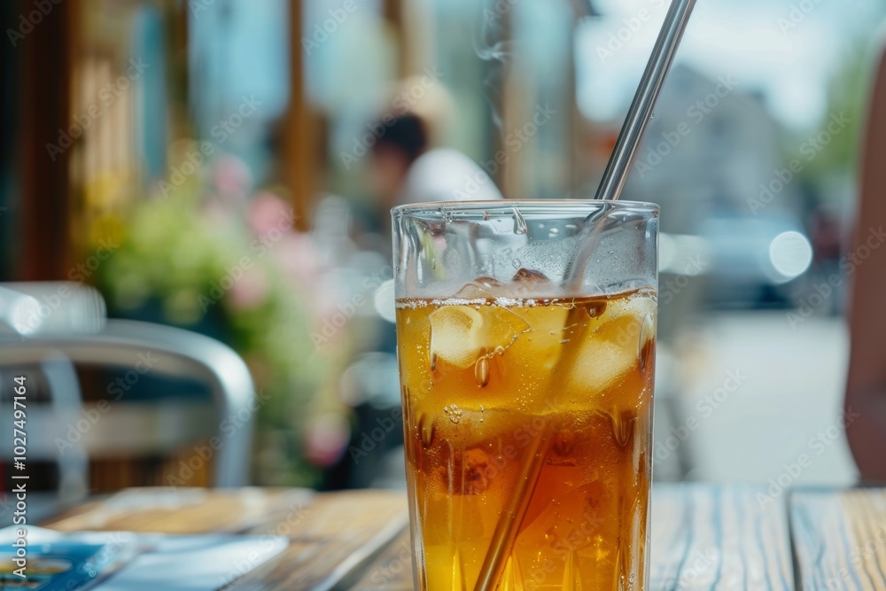 Refreshing iced tea with metal straw in sunlight Refreshing iced tea with metal straw in sunlight