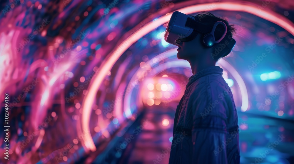 Woman wearing virtual reality goggles in a tunnel. Future technology concept. Woman wearing virtual reality goggles in a tunnel. Future technology concept.