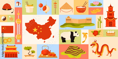 An artistic illustration that beautifully showcases the vibrant and dynamic elements of Chinese culture and heritage vector illustration. Represents the China national identity.