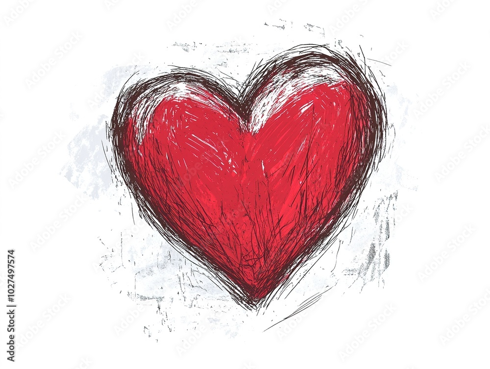 A red heart with rough brush strokes and watercolor splashes, separated on a clean white background A red heart with rough brush strokes and watercolor splashes, separated on a clean white background