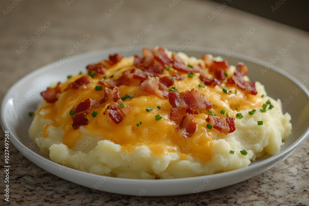 Mashed potatoes with seasonal vegetables on white plate. Mashed potatoes with seasonal vegetables on white plate.
