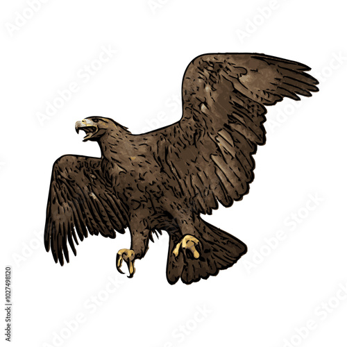 The image shows an eagle with its wings spread wide, symbolizing its power in flight. Its feathers are dark brown with detailed wing patterns, a curved beak, and sharp talons ready to catch prey.