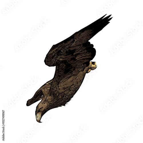 The image shows an eagle with its wings spread wide, symbolizing its power in flight. Its feathers are dark brown with detailed wing patterns, a curved beak, and sharp talons ready to catch prey.