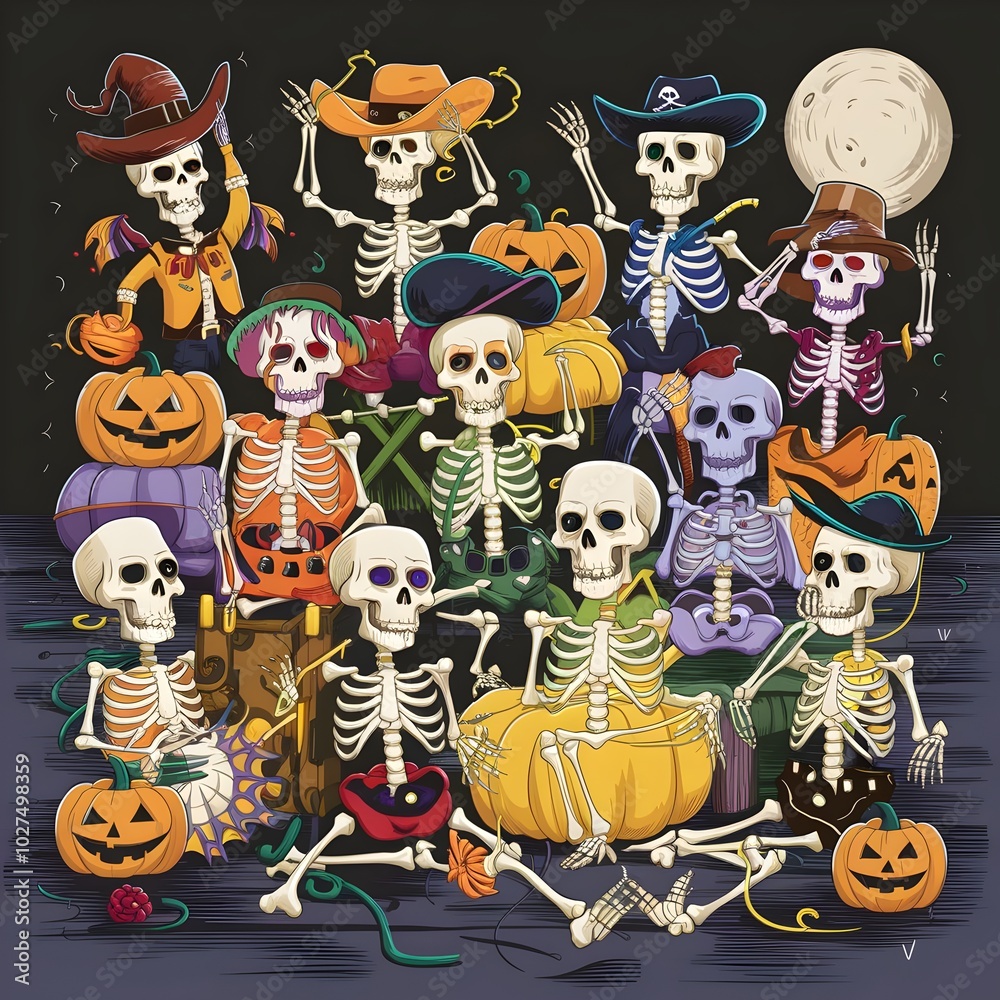 halloween characters set, a group of skeletons in different clothing halloween characters set, a group of skeletons in different clothing