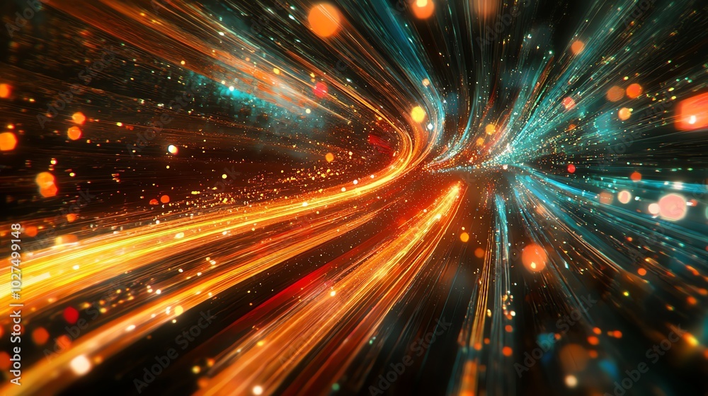 Light trails, connecting various documents and nodes, indicating linked metadata or shared characteristics. Light trails, connecting various documents and nodes, indicating linked metadata or shared characteristics.
