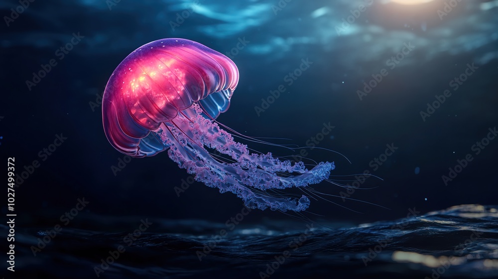 Naklejka premium Colorful Jellyfish Swimming in Deep Blue Ocean