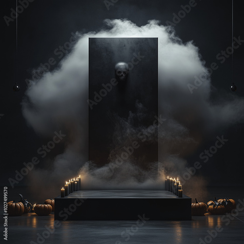 Spooky Empty Podium in a Haunted Halloween Scene with Pumpkins and Floating Smoke
