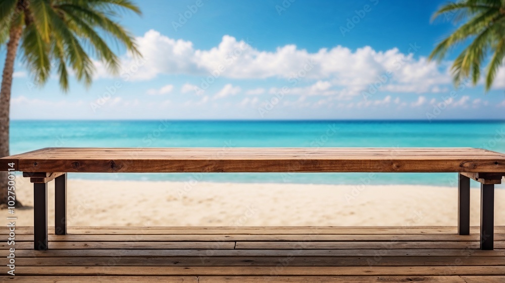 wooden table on a deck near sandy tropical beach with coconut tree for presentation product blue sky.jpg wooden table on a deck near sandy tropical beach with coconut tree for presentation product blue sky.jpg