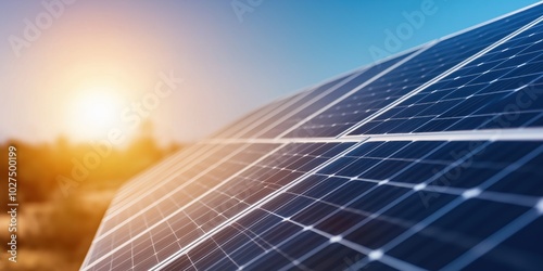 An array of solar panels tilted towards the bright sun in a clear sky, demonstrating the efficiency and sustainability of solar energy in modern applications. photo