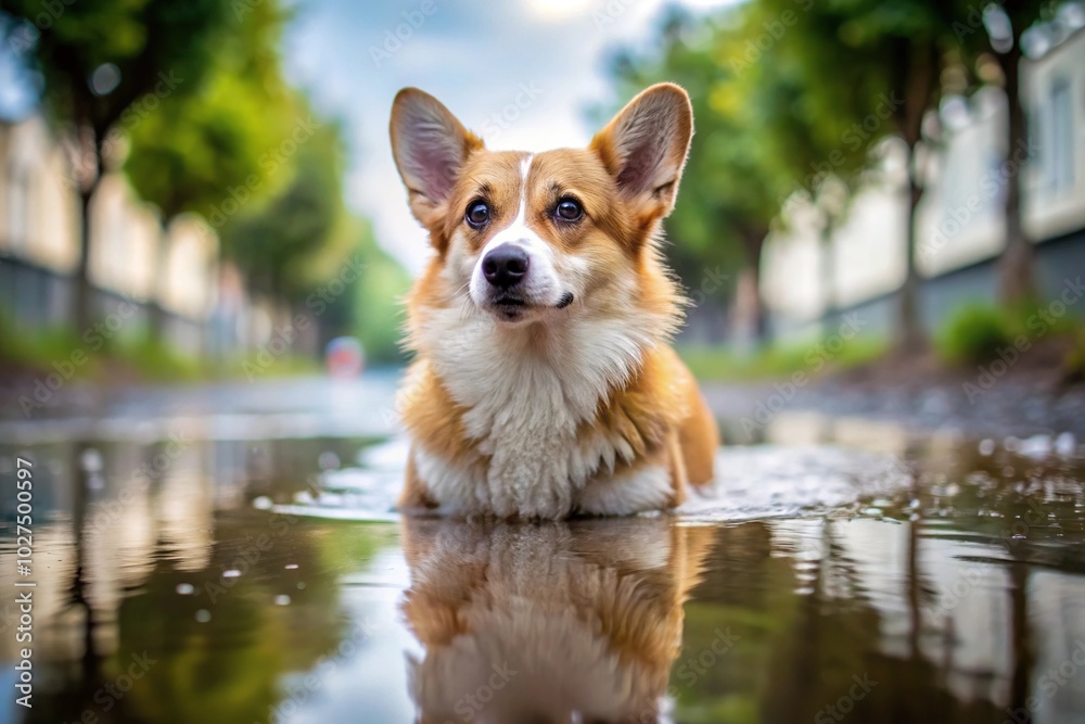Corgi finding relief from summer heat in a puddle Corgi finding relief from summer heat in a puddle