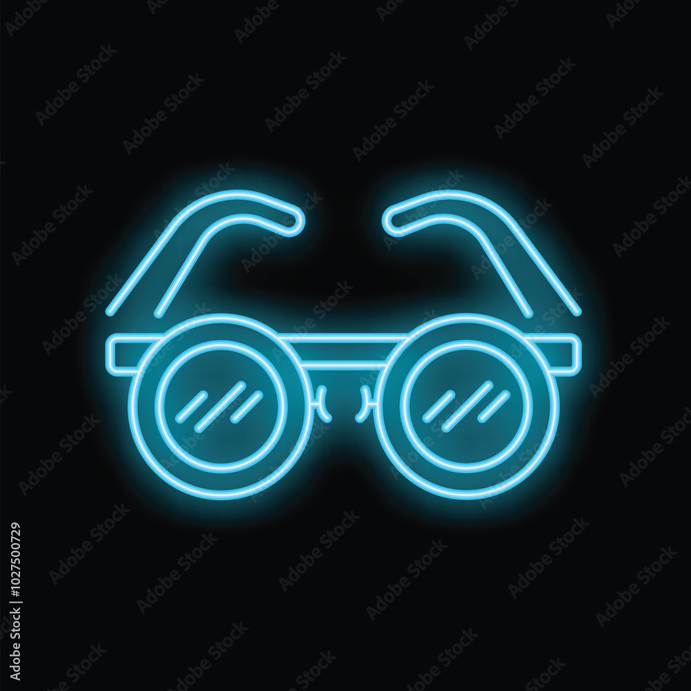 Blue neon sign depicting a pair of welding goggles with flipped up lenses, against a black background Blue neon sign depicting a pair of welding goggles with flipped up lenses, against a black background