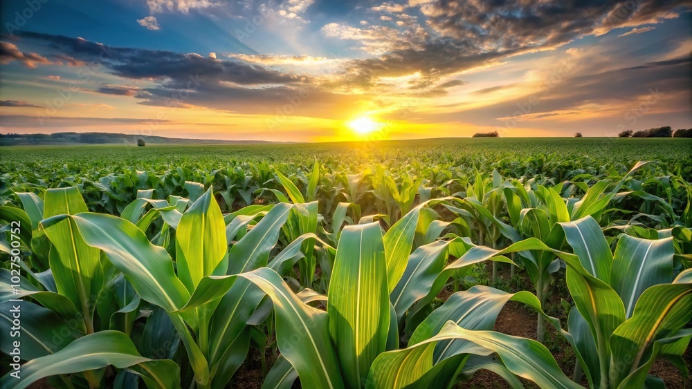 Corn field with sun rising in background Corn field with sun rising in background