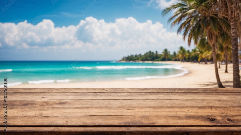 Fototapeta premium wooden table on a sandy tropical beach with coconut tree under sunshine for presentation product