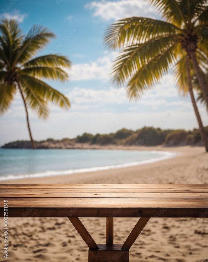 wooden table on a tropical beach with coconut tree under sunshine and blue sky wooden table on a tropical beach with coconut tree under sunshine and blue sky
