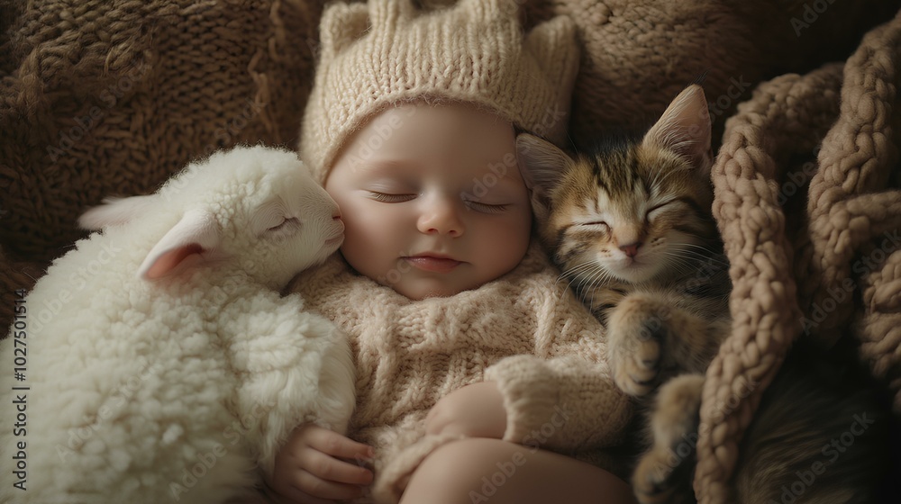 Fototapeta premium Sleeping Baby with Lamb and Kitten – Cozy and Cute Animal Companions in Soft Light