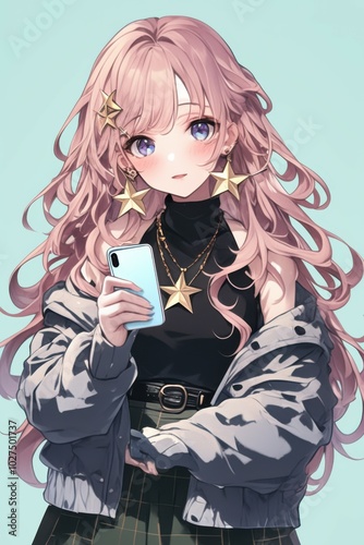 A girl holding a phone and wearing star-shaped earrings, against a pale blue solid background 