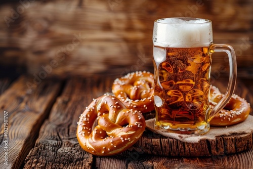 Three pretzels are on a wooden table next to a mug of beer